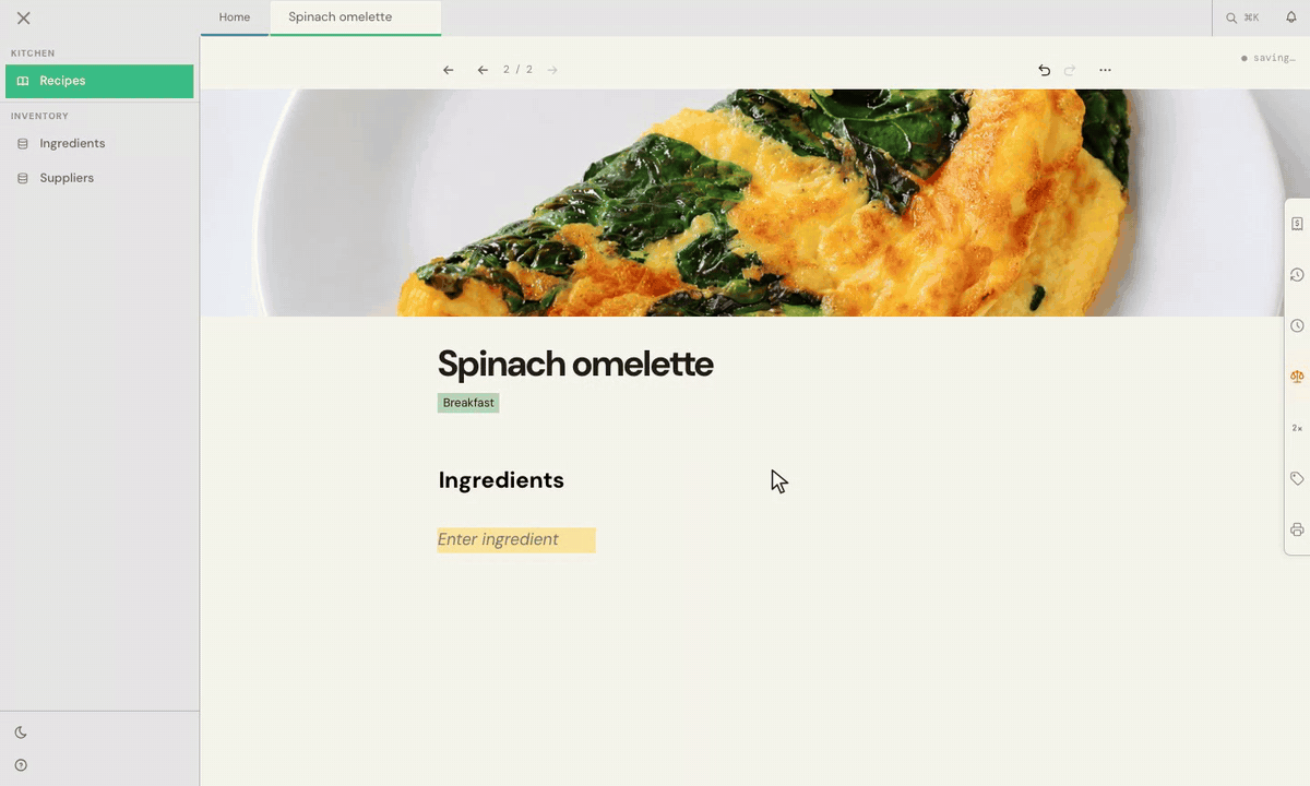 Add eggs, spinach and butter with their quantities.
