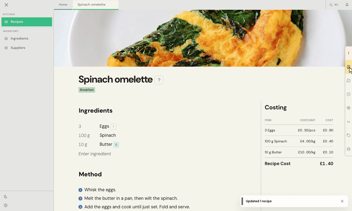 Open Alerts and confirm Eggs as an allergen for the Eggs ingredient.