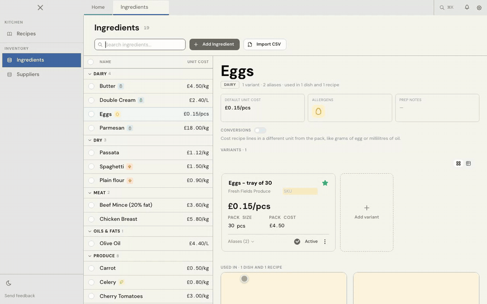 Turn on Conversions, enter what one egg weighs, then cost a line in grams.