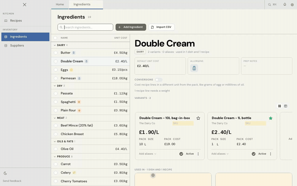 Add "bottle" to the 1 L variant, then use it in a recipe.