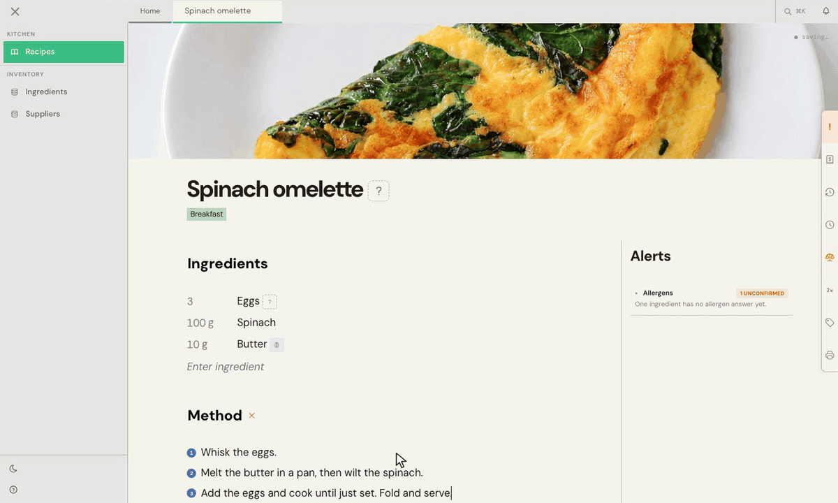 Set the finished yield, then check the ingredient costs and recipe total.