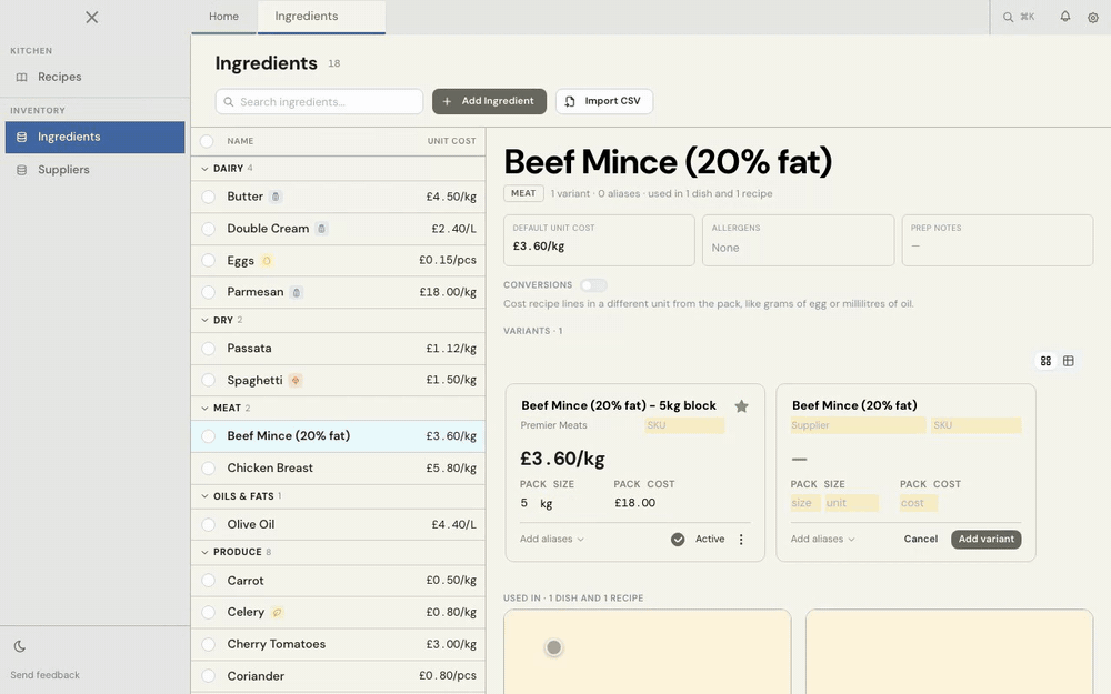 Add the ingredient, name it, then set its category and allergens.